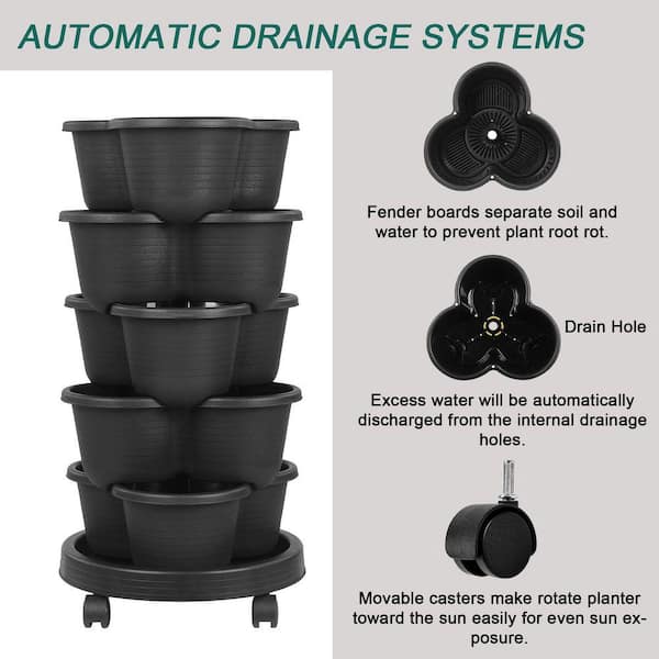 Inner Decor 5-Tier Stackable Vertical Garden Planter with Wheels