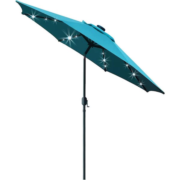 Unbranded 9 ft. Solar LED Lighted Patio Umbrella with 8 Ribs/Tilt Adjustment and Crank Lift System in Teal Blue, Beach Word