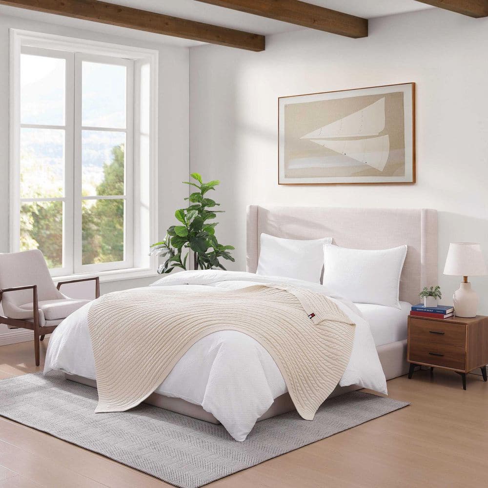 Hilfiger Cable Knit 1-Piece Ivory Cotton Blend Knit 50 x 70 Throw