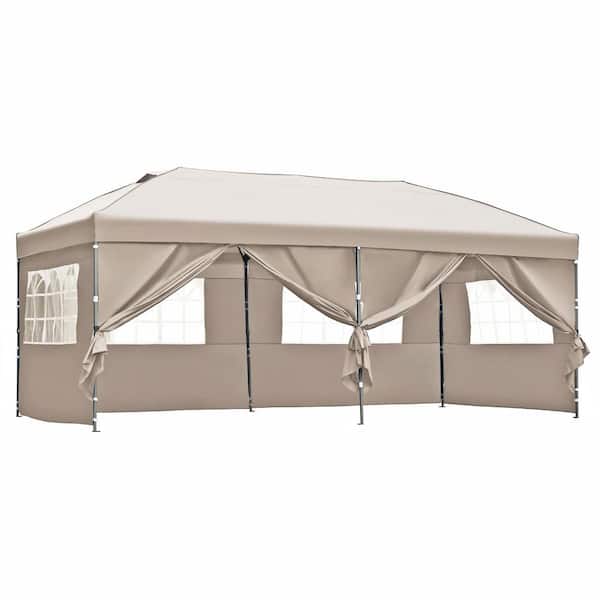 10 ft. x 20 ft. 3 Height Adjustable Khaki Pop Up Canopy Tent, Heavy Duty Party Tent with Sidewalls and Wheeled Bag