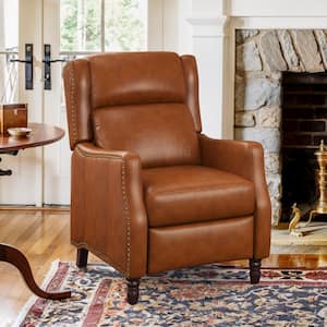 Lange 28in. W Camel Genuine Leather Nailhead Trim Recliner Armchair with Cushioned Back and Wooden Legs