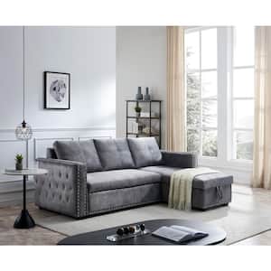 90 in. W Gray Velvet Full Size Sofa Bed with Pulled out Bed, 2 Seats Sofa Reversible Chaise with Storage, Copper Nail