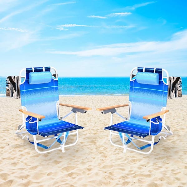 Unbranded 2 PCS Blue Multi Metal Foldable Adjustable Beach Chair with Pillow, Towel, and Storage Pockets, Backpack Beach Chairs