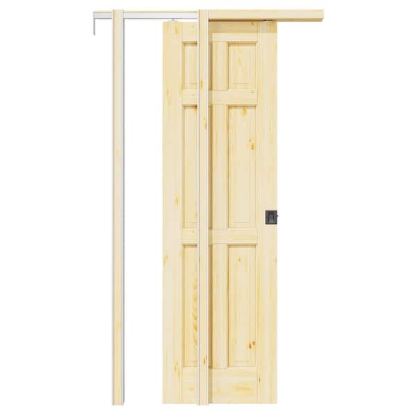 ARK DESIGN 24 in. x 80 in. Paneled 6-Lite Unfinished Pine Wood Sliding Pocket Door with Hardware (Soft Close and Black Lock Incl)
