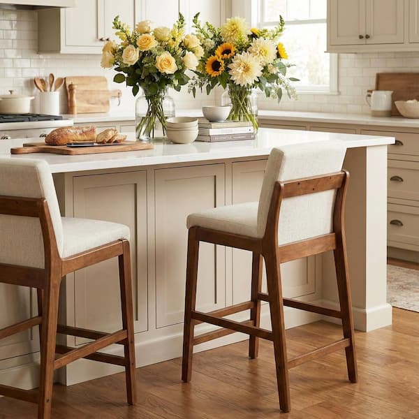 42.25 in. H Walnut Finish Wood Frame Bar Stools with Beige Cushion (Set of 2)