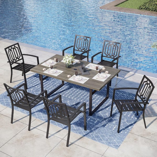 PHI VILLA Black 7-Piece Metal Outdoor Patio Dining Set with U Shaped Rectangle Table and Fashion Stackable Chairs