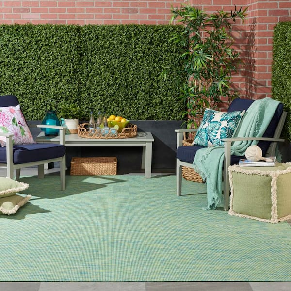 Positano Blue/Green 9 ft. x 12 ft. Solid Contemporary Indoor/Outdoor Patio Area Rug