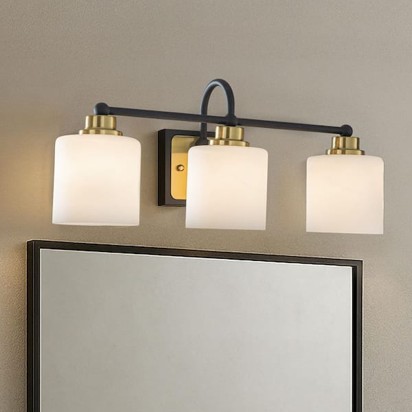 21 in. 3-Light Modern Elegant Brass And Black Bathroom Vanity Light With Milk White Glass Shades