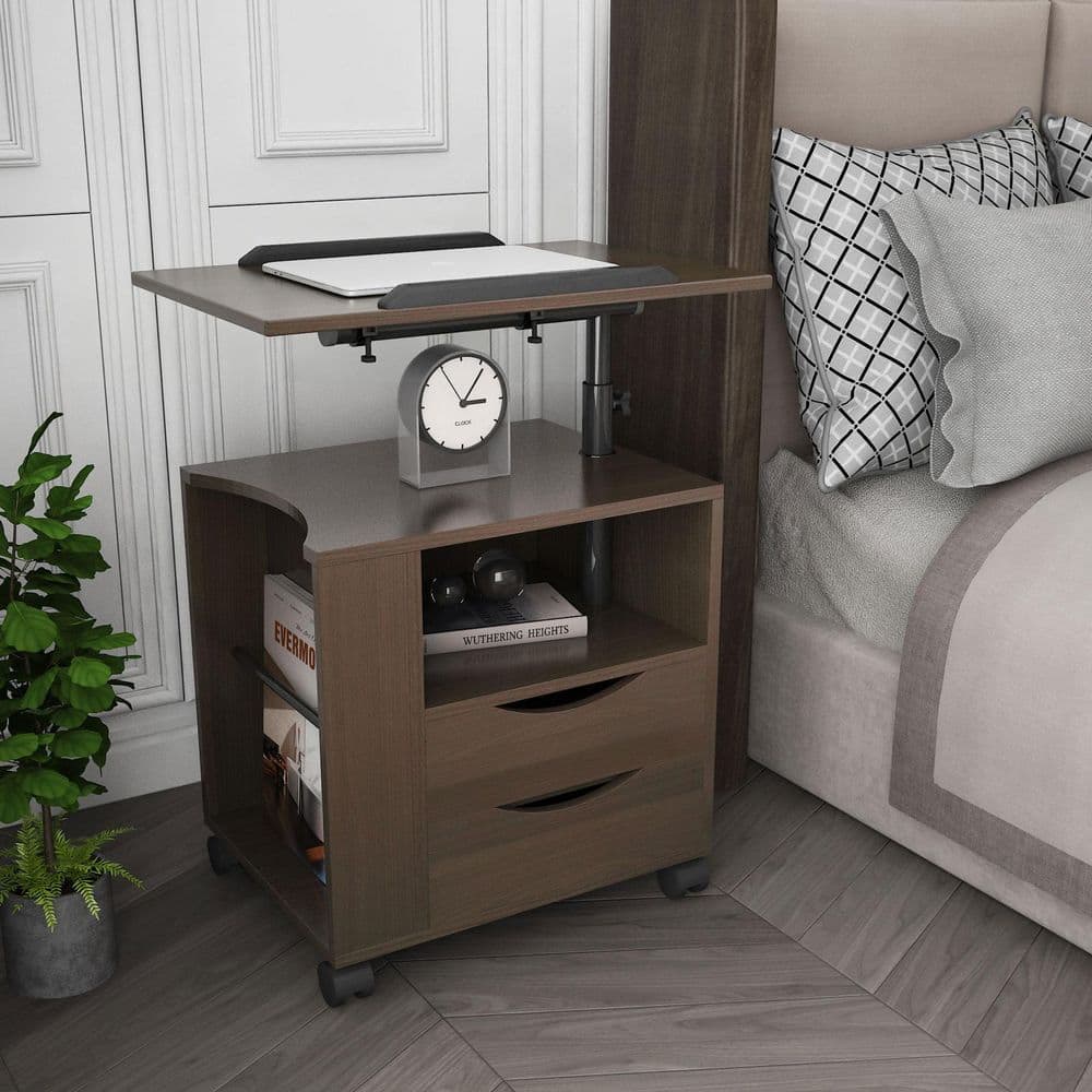 2-Drawer Brown Nightstand with Swivel Top Wheels and Open Shelf 33.31 in. H