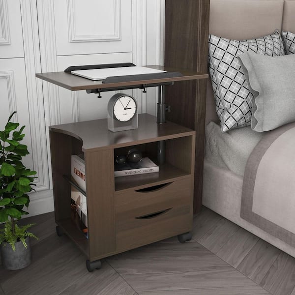 Unbranded 2-Drawer Brown Nightstand with Swivel Top Wheels and Open Shelf 33.31 in. H x 23.62 in. W x 15.75 in. D