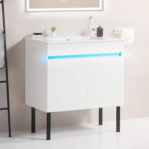 30 in. W x 18.3 in. D x 19.7 in. H Single Sink Floating Solid Wood Bath Vanity in White with White Ceramic Top