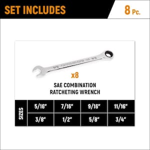 SAE 90-Tooth Combination Ratcheting Wrench Tool Set with Tray (8-Piece)