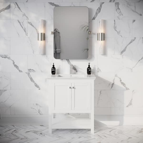 Manchester 30 in. Single Sink Shaker-Style White Bath Vanity with White Quartz Top and Integrated Sink