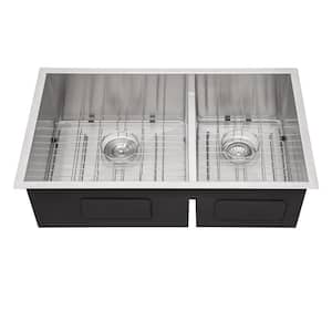 Silver Stainless Steel 28 in. L Double Bowl (60/40) Undermount Kitchen Sink With Bottom Grid