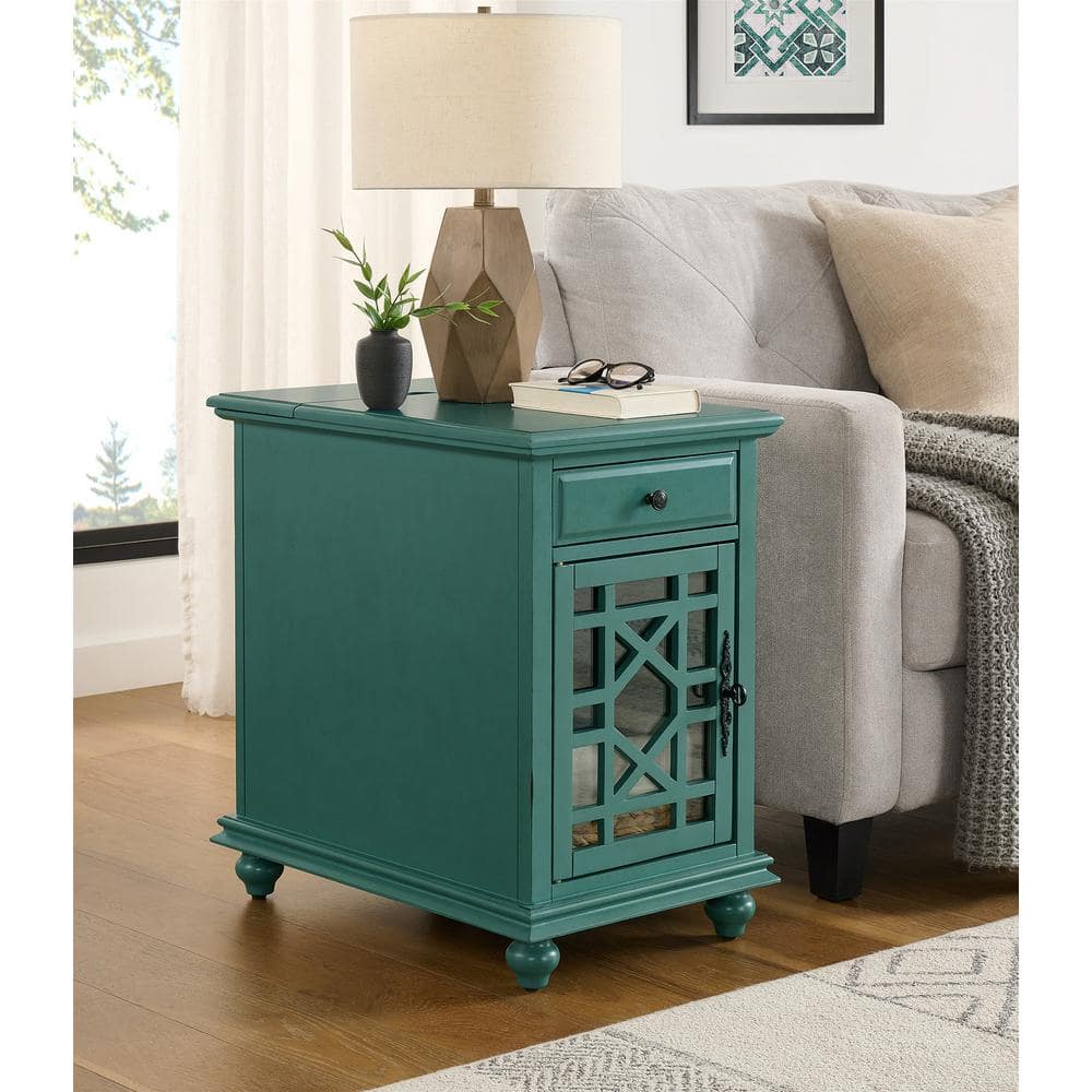 Antique Teal Parisian-Inspired Chairside Table with Power
