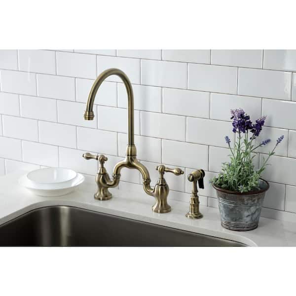 English Country Double-Handle Deck Mount Gooseneck Bridge Kitchen Faucet with Brass Sprayer in Antique Brass
