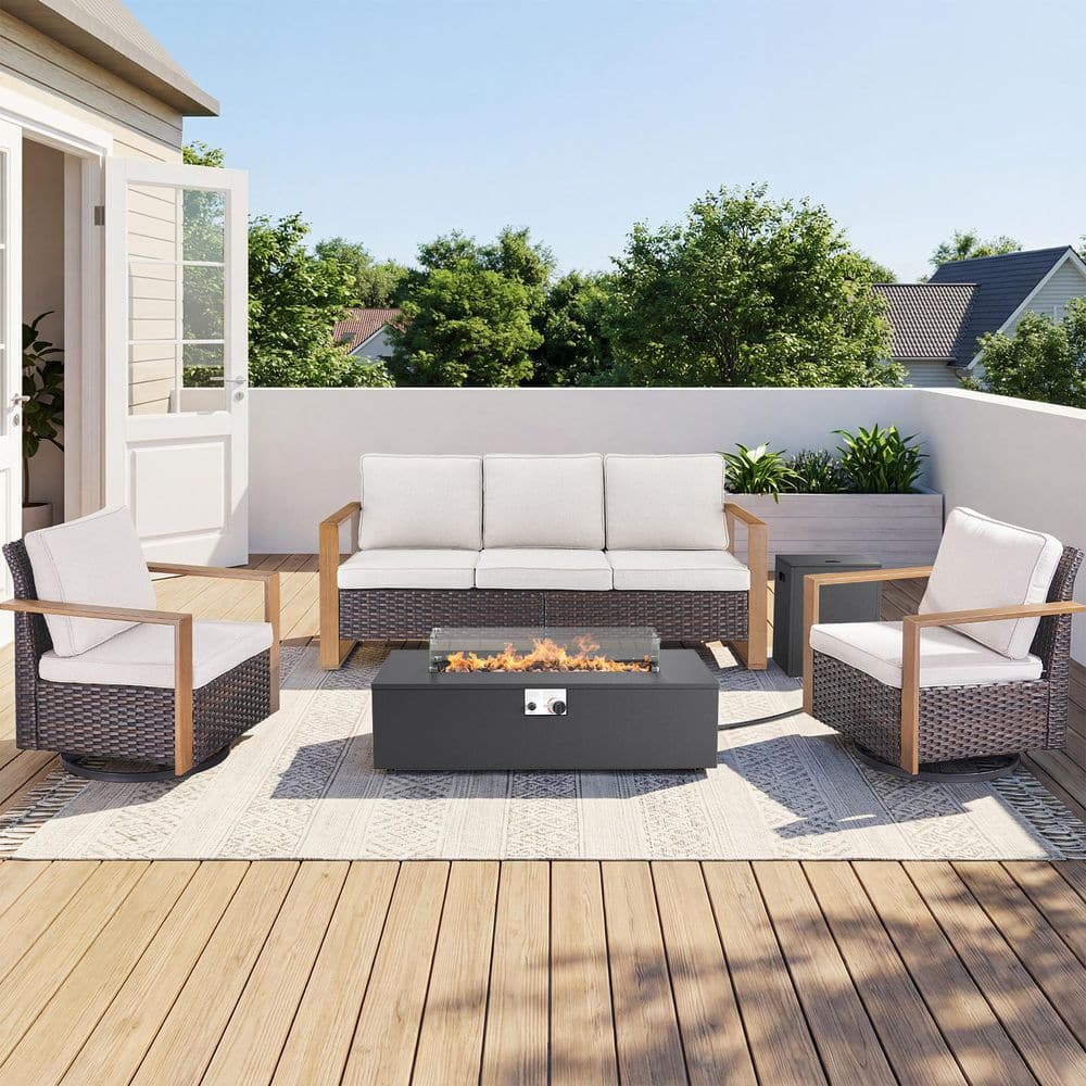 Funky 4-Piece Fire Pit Patio Set Brown Wicker Outdoor Conversation Sets with Swivel Rocking Chairs and Beige Cushions price history on PriceWatchPro