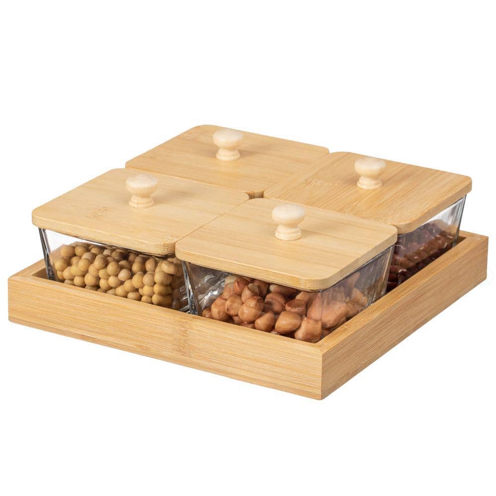 Basicwise Set of 4 Square Glass Jars with Bamboo Lids and Wooden