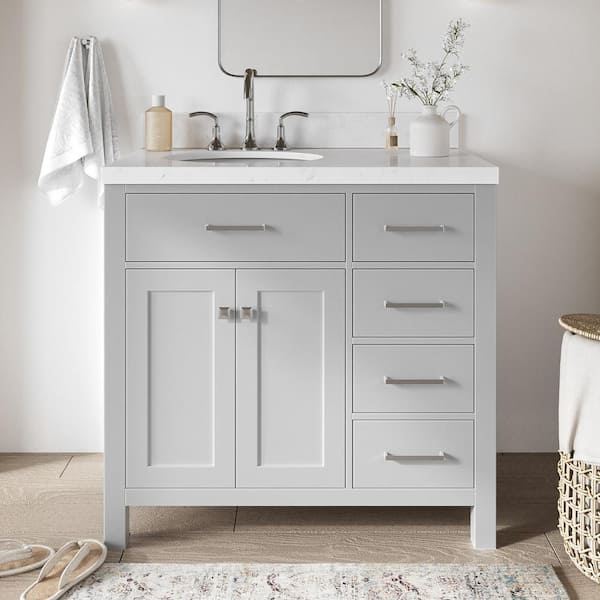 ARIEL Bristol 36.25 in. W x 22 in. D x 36 in. H Single Sink Freestanding Bath Vanity in Grey with Carrara White Quartz Top