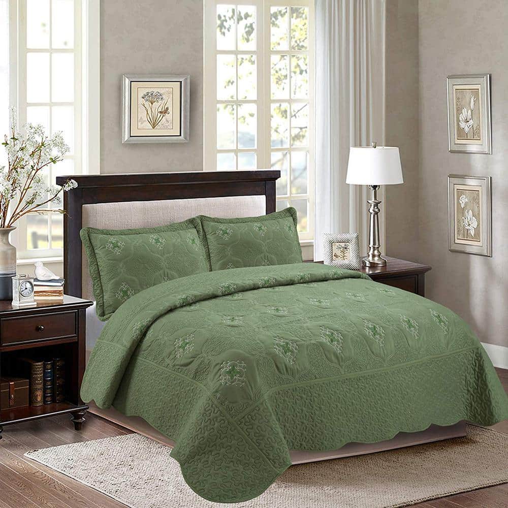 MarCielo Emma-3-Piece Sage/Green Embroidered Polyester King Size