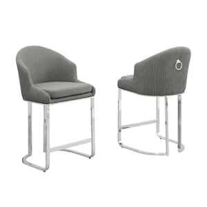 Rodrigo 29 in. Dark Grey Low Back Metal Frame Chrome Iron Legs Bar Stool With Teddy Fabric Set of 2