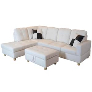 White Faux Leather 3-Seater L-Shaped Left-Facing Chaise Sectional Sofa with Storage Ottoman