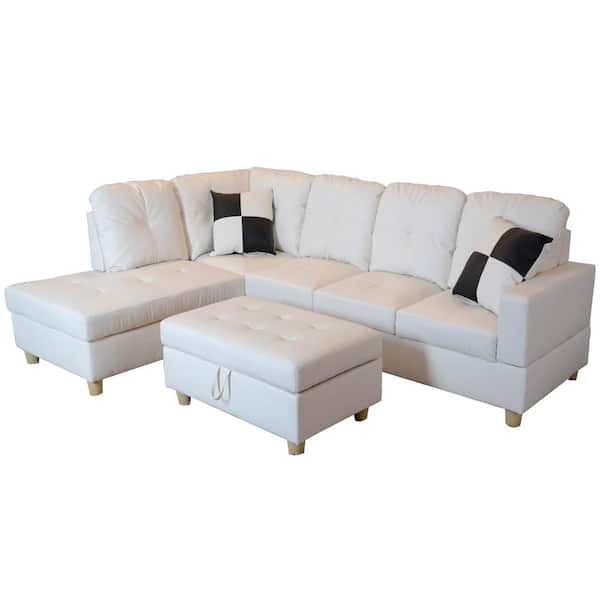 Star Home Living White Faux Leather 3-Seater L-Shaped Left-Facing Chaise Sectional Sofa with Storage Ottoman