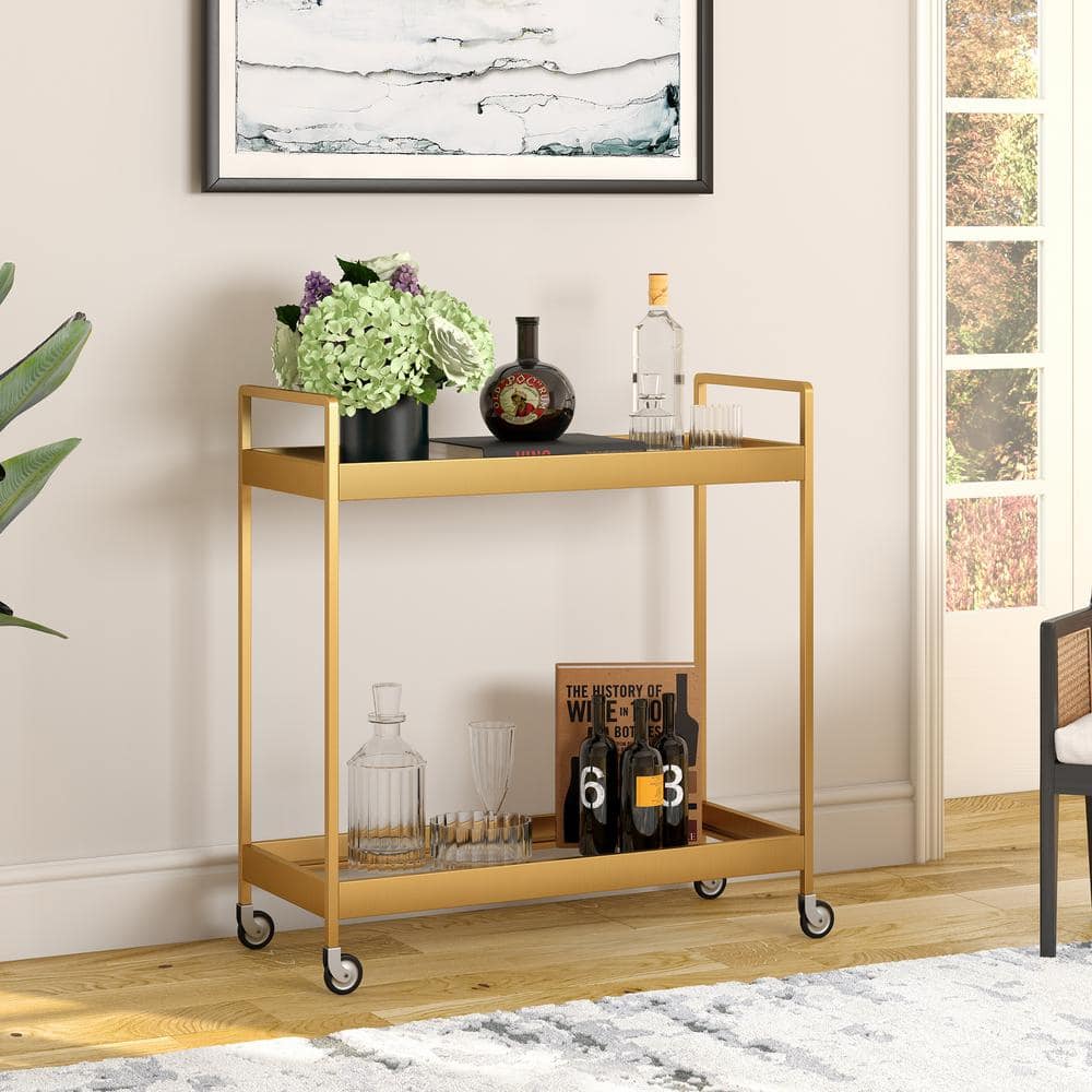 Glamourous Brass Finish Rectangular Bar Cart with Glass Shelves