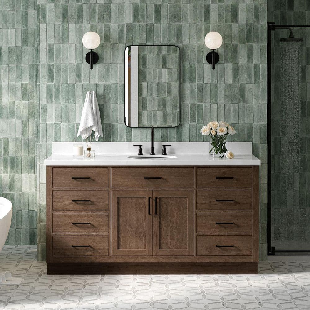 Hepburn 66 in. Single Sink Freestanding Bathroom Vanity in Brown Oak with Pure White Quartz Top price history on PriceWatchPro