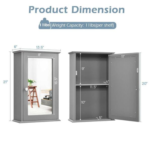 WELLFOR 13.5 in. W x 21 in. H Rectangular Gray MDF Surface Mount Medicine Cabinet with Mirror Door
