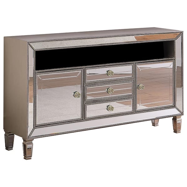 Brissa 60 In Silver Mirrored Tv Stand, Mirrored Tv Stand With Drawers