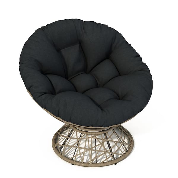 GAWEZA 40 in. Ergonomic Brown Swivel Armless Outdoor Egg Chair Lounge Chair with Black Cushion 360° Swivel Papasan Chair