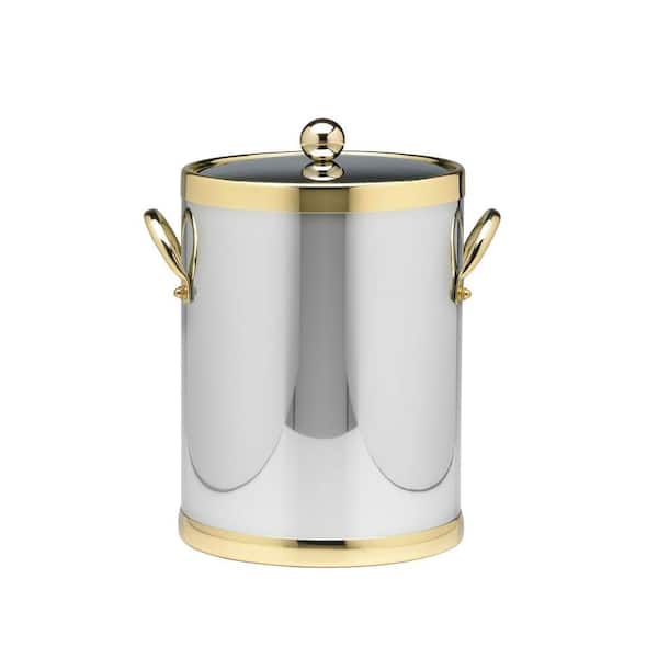 Kraftware Americano 5 Qt. Polished Chrome & Brass Ice Bucket with Brass Lid, Metal Side Handles