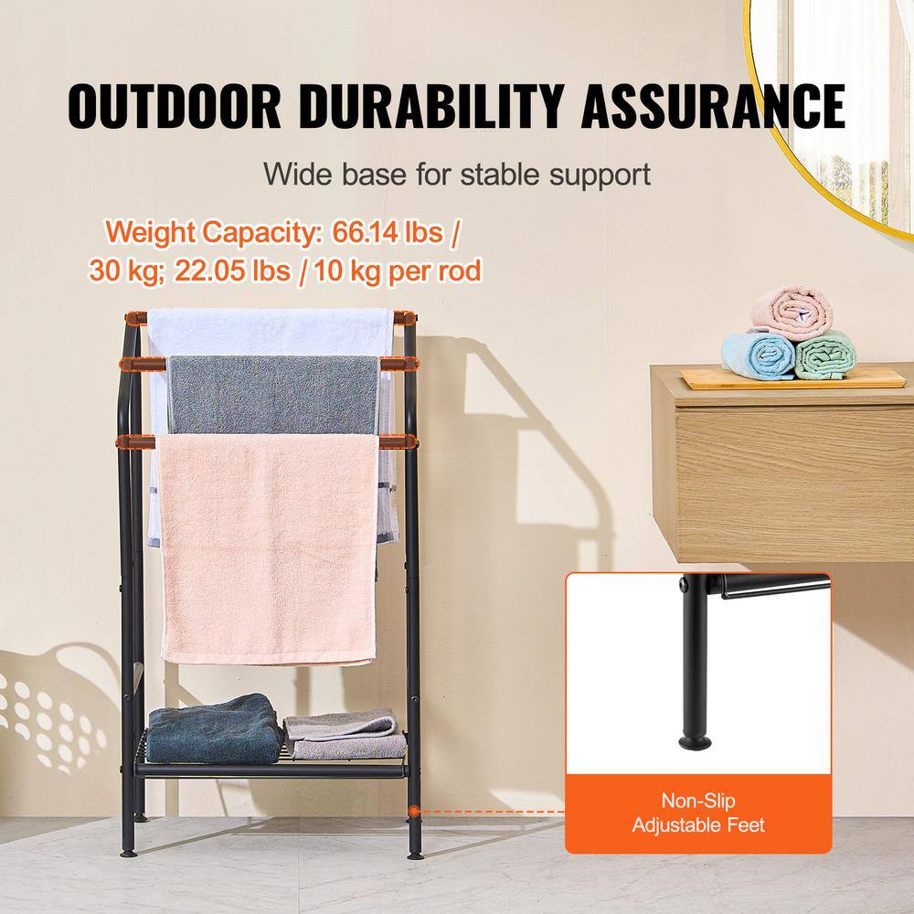 Black Metal Freestanding Triple Towel Rack with Shelf