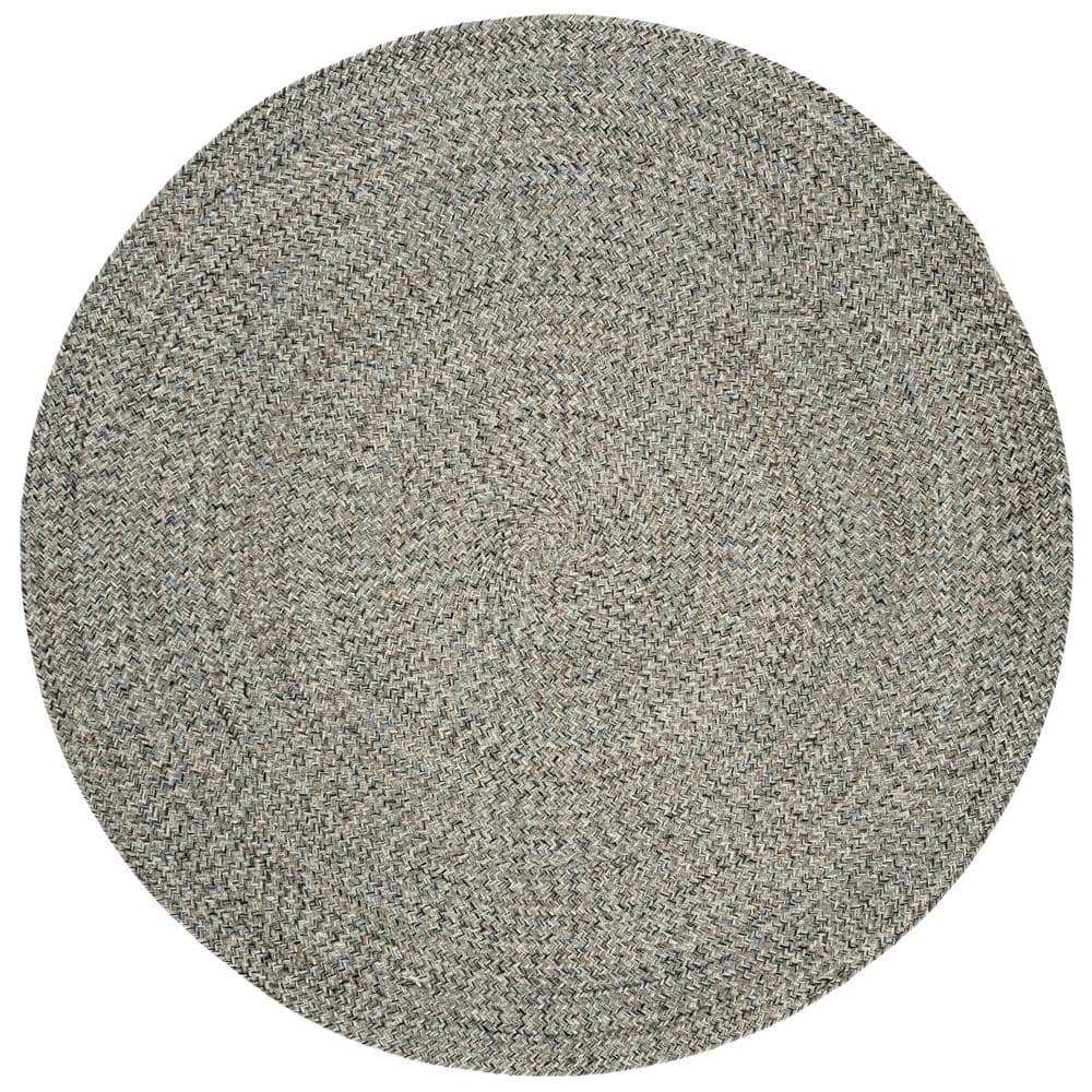 Ivory and Steel Grey Braided Round Wool Cotton Rug, 5' x 5'