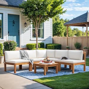 Hawaii Vibe 6-Piece Acacia Patio Conversation Set Rope Woven Chic Outdoor Sectional Sofa with Table and Cream Cushions