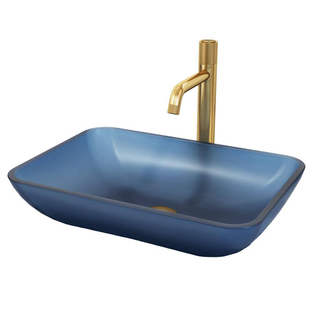 Matte Brushed Gold and Blue Glass Rectangular Vessel Sink Set