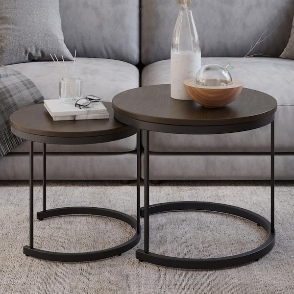 Round Coffee Table Set, Space- Saving Wood Nesting Tables, Brown/Black Modern Industrial Living Room Tables (Set of 2)