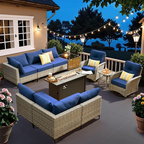 Holly Gray 11-Piece Wicker 54 in. Rectangle Fire Pit Patio Conversation Set with Navy Blue Cushions and Swivel Chairs