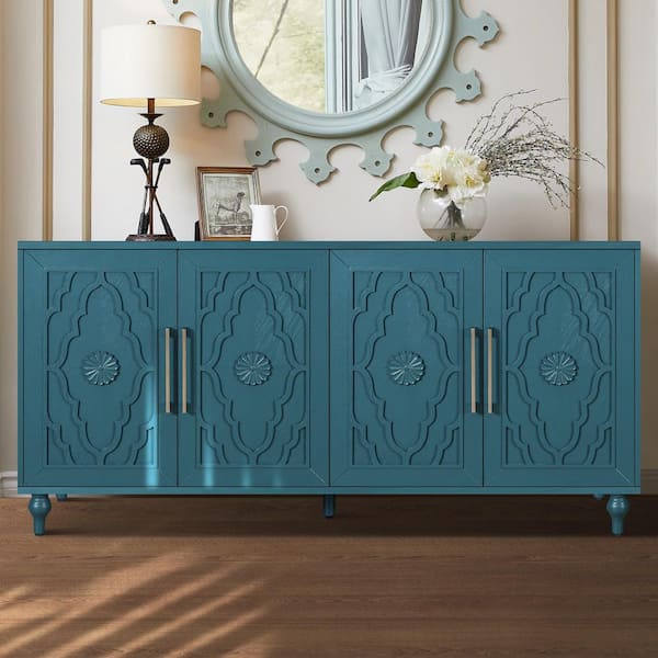 Carved Flower 63 in. W x 15.75 in. D x 32 in. H Blue MDF Freestanding Linen Cabinet, with Metal Handle
