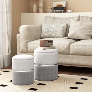 Beige and Grey Linen Fabric Round Storage Small Ottoman