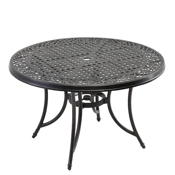 Cast Aluminum Outdoor Dining Table, 48 Inch Round Folding Table With Umbrella Hole