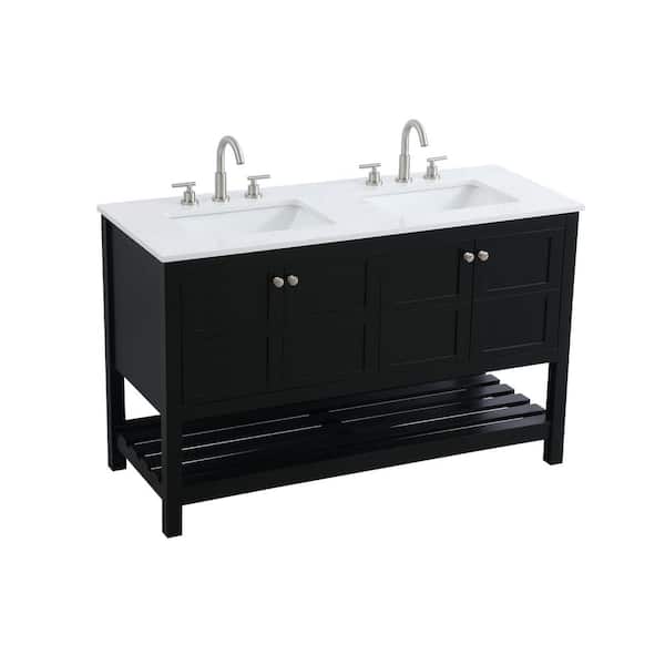 54 in. Double Sink Black Bath Vanity with White Engineered Marble Top
