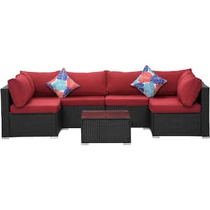 Black 7-Piece Rattan Sectional Garden Furniture Corner Sofa Set with Red Cushions