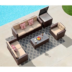 8-Piece Wicker Brown Outdoor Patio Conversation Sectional Seating Set with Storage Deck Box, Beige Cushion