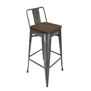 31 in. Light Gray and Brown Low Back Metal Bar Stool with Wooden Seat