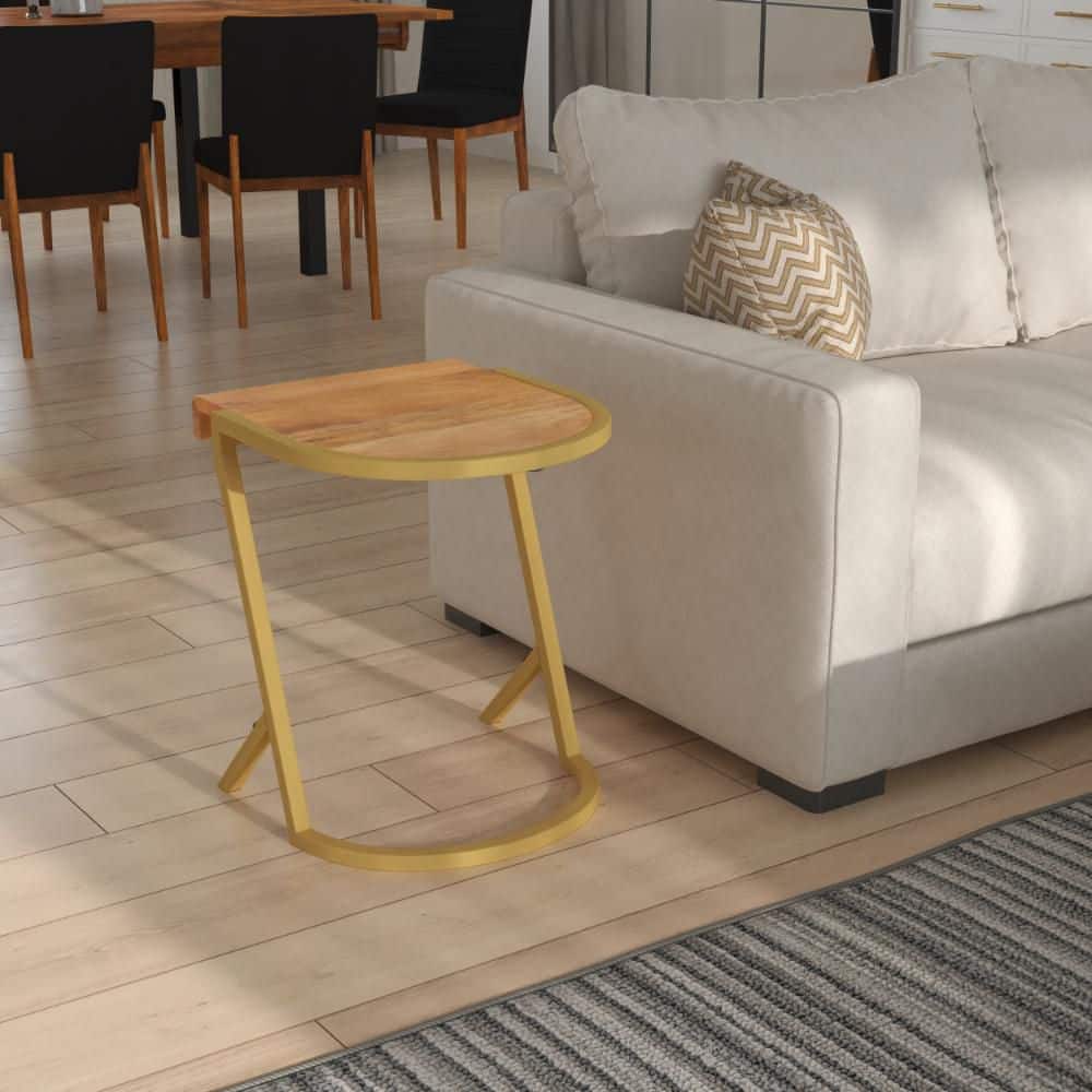 16.75 in. Brown and Gold Half-Circle Wood End Side Table with Metal Frame