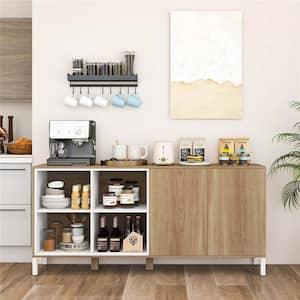 Natural Wood 63 in. Buffet Sideboard with 4 Compartments Adjustable Shelf