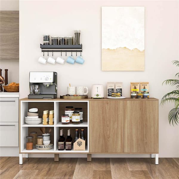Natural Wood 63 in. Buffet Sideboard with 4 Compartments Adjustable Shelf