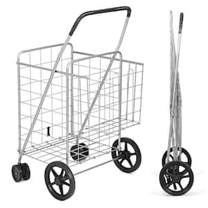 Silver Heavy Duty Kitchen Cart Folding Shopping Cart with Swiveling Wheels and Dual Storage Baskets